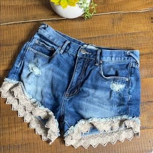 Free People Blue Denim Shorts with Cream Lace Trim